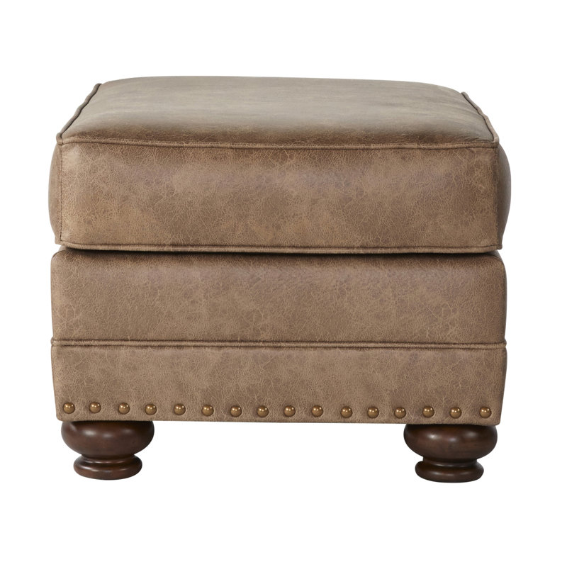 Similicuir - revêtement brun, têtes de clou en bronze antique, pieds en bois de chignon, motif uni rectangulaire, sans dossier, aspect traditionnel américain avec brun gingembre moyen, ornement