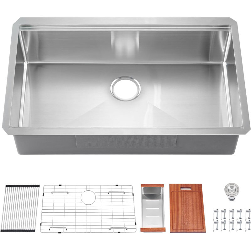 32 inch Undermount Workstation Kitchen Sink, ALWEN Stainless Steel Kitchen Sink, 32" x 18" Single Bowl Sink R10 Tight Radius with cutting board