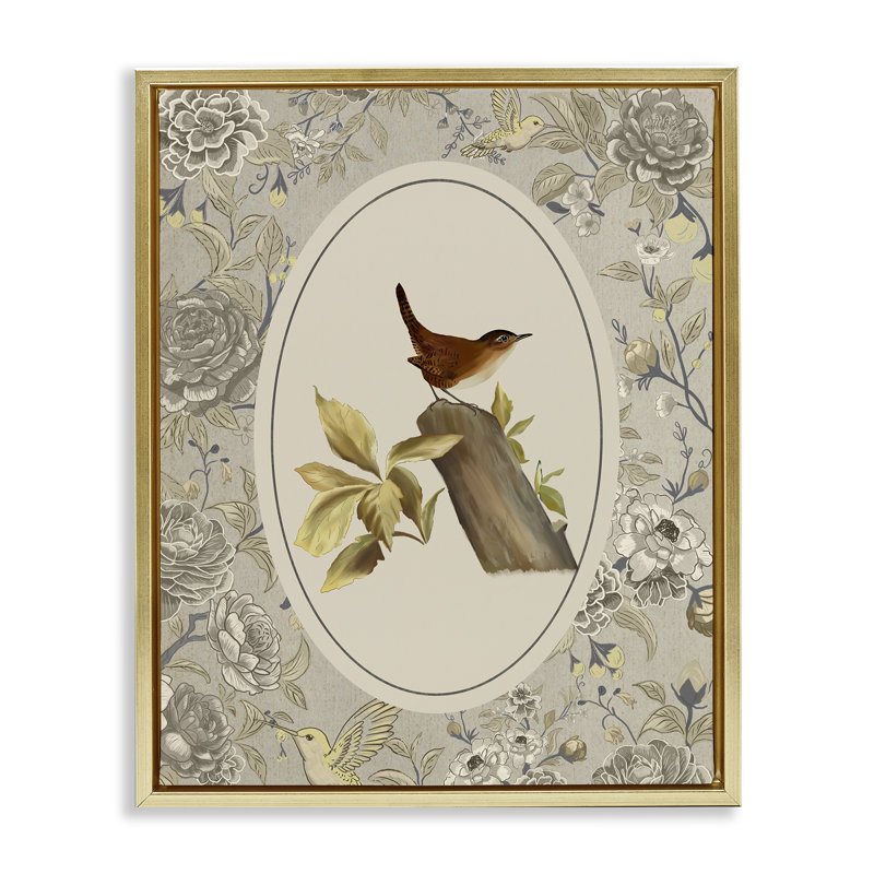Cadre flottant perché pour oiseaux et toiles, design par Radhika Modi, H 31 po x l 25 po, Cadre flottant métallique doré