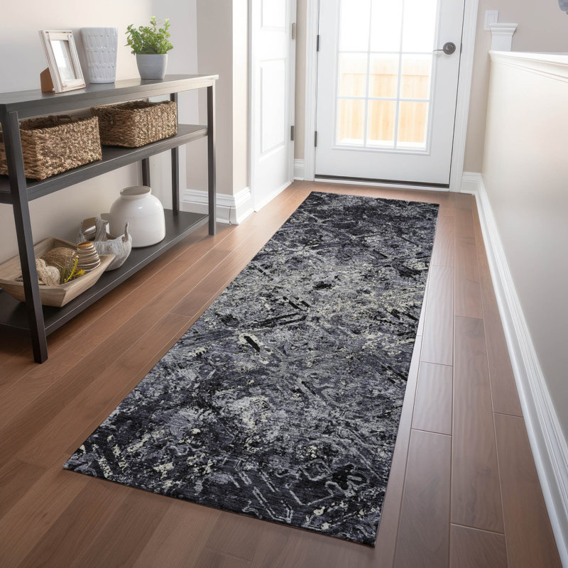 Premium Machine Washable Prisco Black Rug, Runner 2'3" x 7'6"