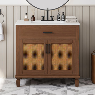 36" Rattan Bathroom Vanity With Ceramic Sink, Modern Bathroom Sink Cabinet With 2 Soft Close Doors And 3 Drawers, Free-Standing Bathroom Vanity With Solid Wood Legs And Large Space Storage, Bathroom Vanity
