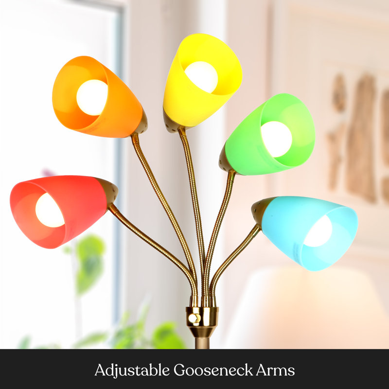 Medusa 74 in. Modern 5-Light Height Adjustable Gooseneck LED Floor Lamp with 5 Cone Shades, Brass