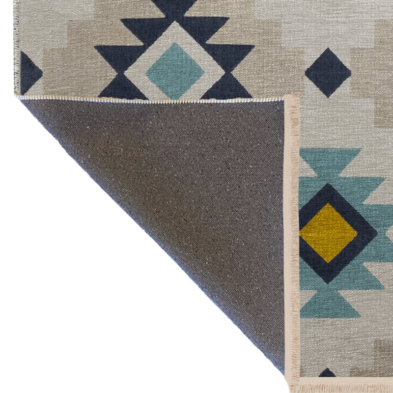 Tapis décoratif multicolore à motif géométrique beige et bleu à motif frangé, Rectangle 4 pi 11 po x 9 pi 10 po