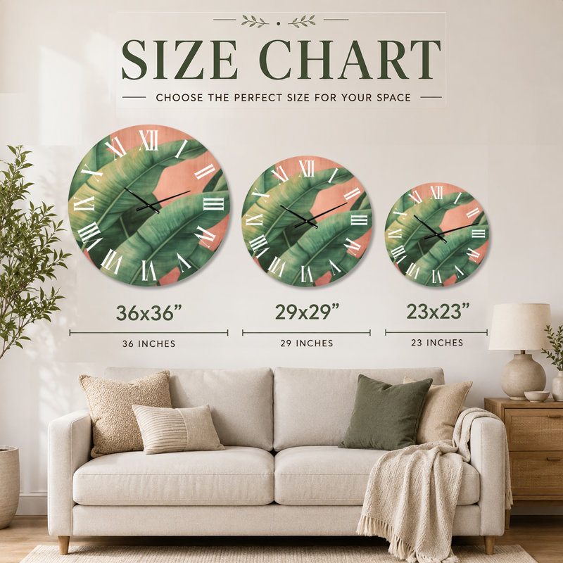 Jardin tropical de feuilles de bananier II - Horloge murale bohème en bois massif, Medium
