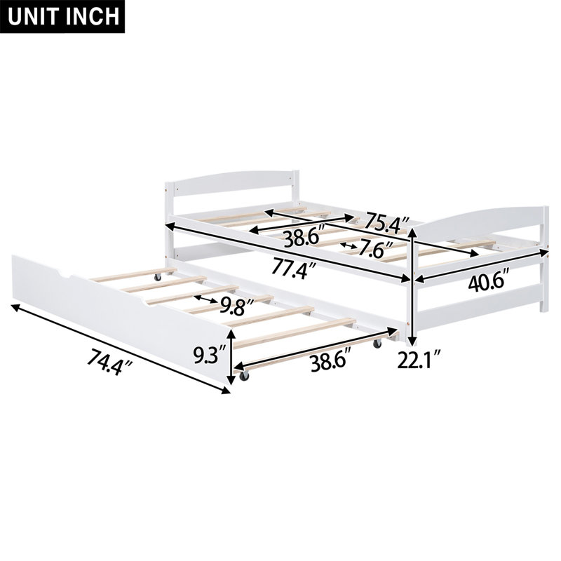 Lit plateforme simple avec lit gigogne - Lit simple en bois massif pour chambre à coucher et chambre d'amis, blanc, Blanc