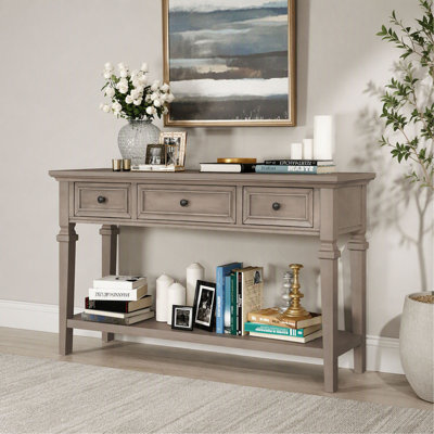Console Table – with 3 Top Drawers & Open Bottom Shelf – Gray Wash – Classic Retro