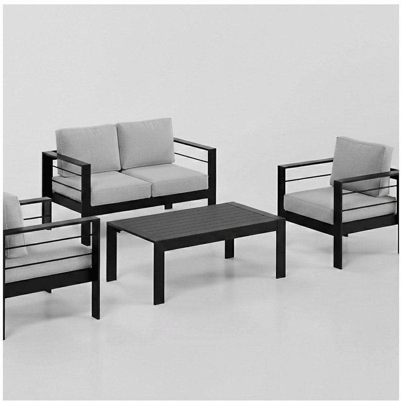 Ensemble de conversation moderne en aluminium 4 pièces pour patio, canapé 4 places avec coussins gris clair épais et structure noire et table basse