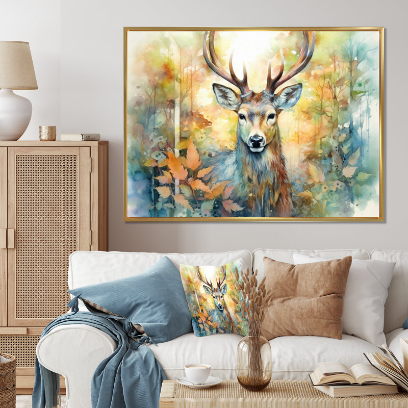 Deer Wonderers I - art mural cerf, H 24 po x l 32 po x P 1 po, Cadre flottant doré