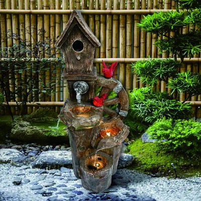 Fontaine décorative pour jardin d'oiseaux - conception extérieure à 3 niveaux avec éclairage DEL et roue à eau fonctionnelle
