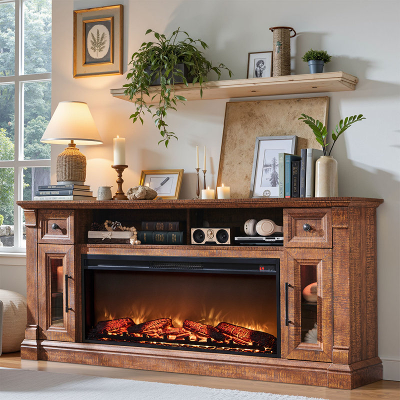 Farmhouse Fireplace TV Stand for 80'' TVs with Fireplace and Timer, Brown