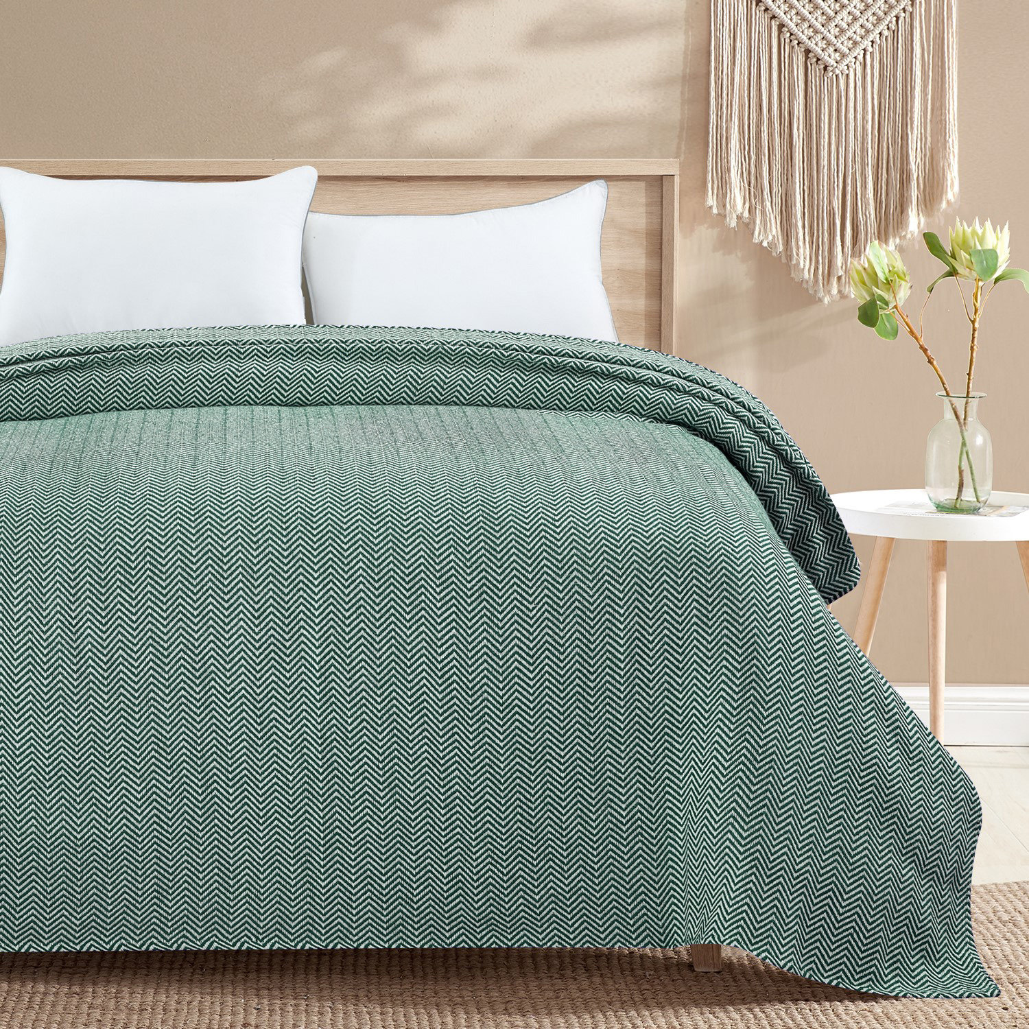 Herringbone Yarn Dyed 100% Cotton Blanket, Full / Queen, Green