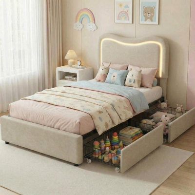 Boucle Twin Bed Frame with 2 Storage Drawers, Upholstered Platform Bed with LED Headboard, Solid Wood Slats Support, No Box Spring Needed for Kids, Teens