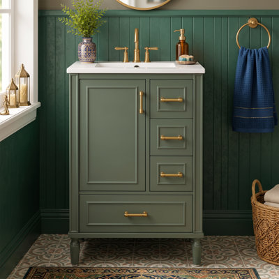 Meuble-lavabo compact de 61 cm (24 po) avec lavabo en céramique, fini peint, fermeture amortie et 3 tiroirs, noir.