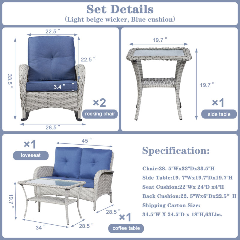 Ensemble de patio complet pour 4 personnes avec coussins Aluel, Bleu, gris