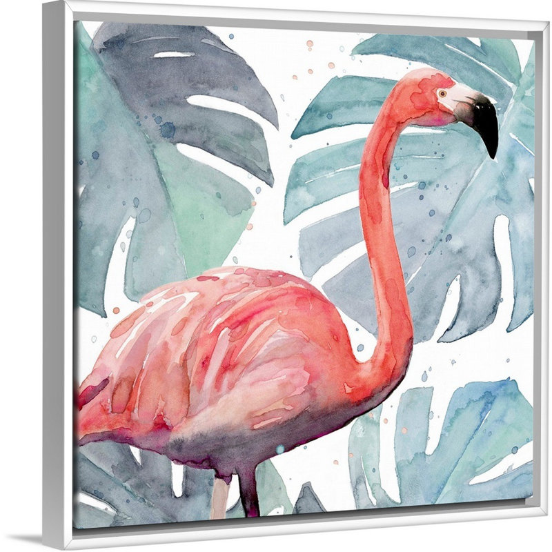«Flamingo Splash I», art mural sur toile, Toile avec cadre blanc, H 22 po x l 22 po