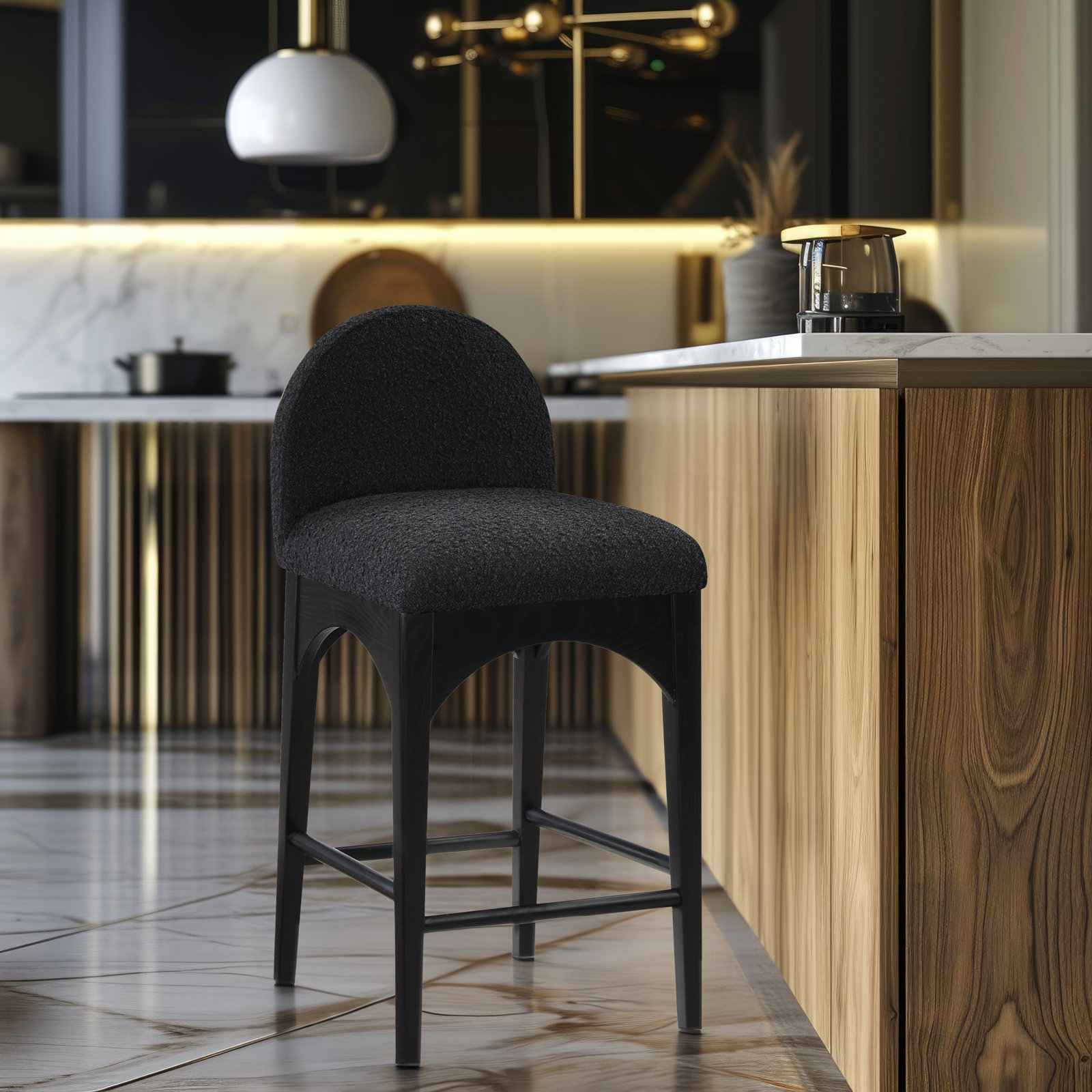 Waldorf 27" Bar Stool, Black, Black Boucle