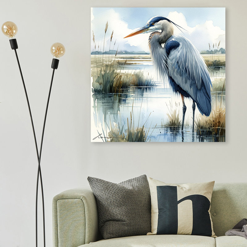 Tranquil Marshlands - Heron - reproduction d'art sur toile tendue, H 40 po x l 40 po x P 1,5 po