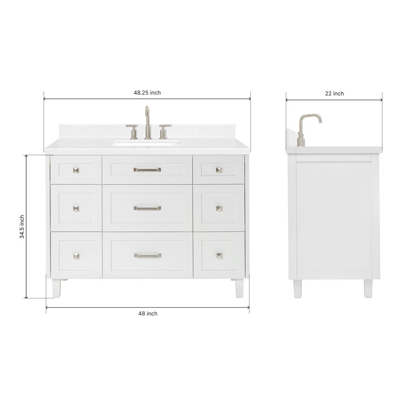 ARIEL Monroe 48 Single Sink Bathroom Vanity with Carrara Quartz Top, White, 48" - 49", Carrara White Quartz