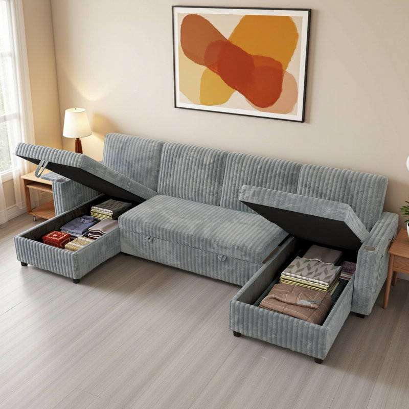 Oversized 110.6" U-Shaped Corduroy Sleeper Sectional Sofa with Pull-Out Bed and Storage Chaise, Gray