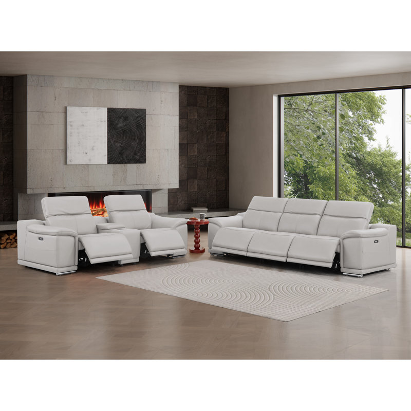 Ensemble inclinable en cuir véritable - canapé et causeuse avec 5 fauteuils inclinables électriques, Gris clair