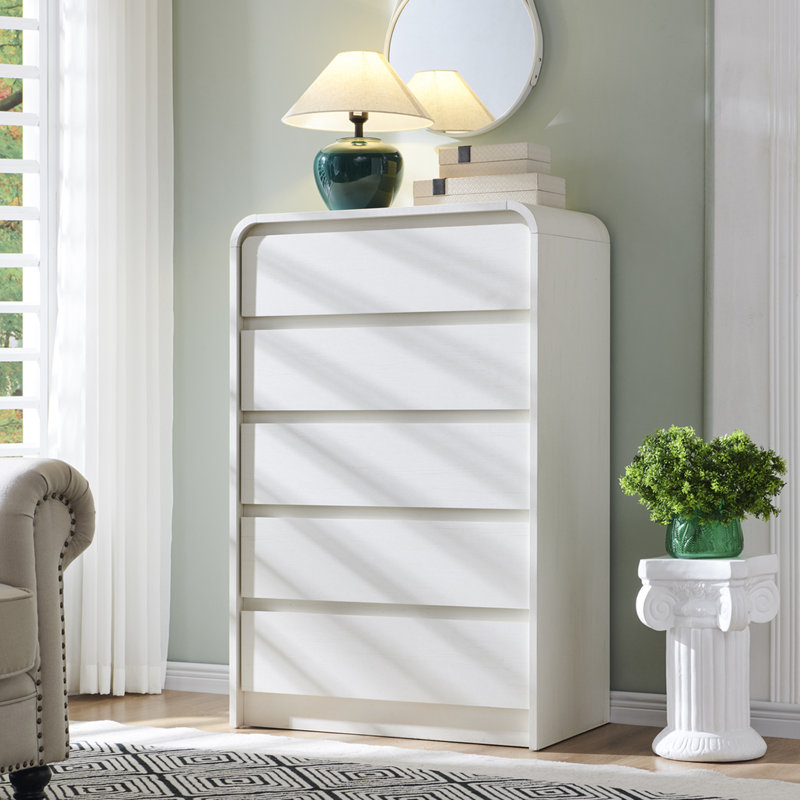Maud Modern 5 Drawers Dresser for Bedroom, 45" Tall Dressers & Chests of Drawers w/Curved Profile Design, White