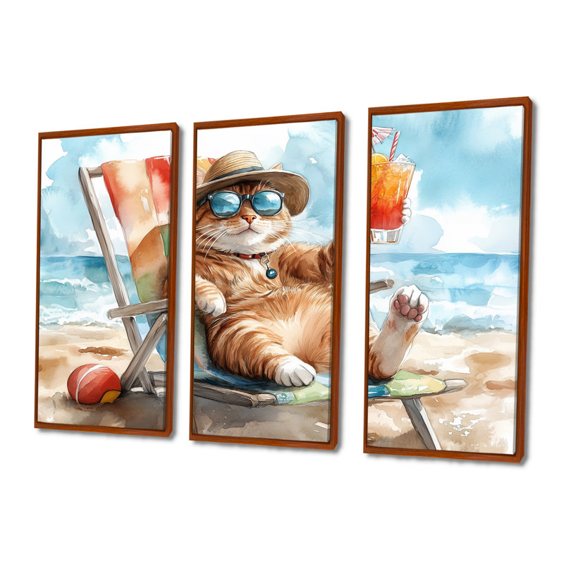 Ensemble de salon chat sur la plage II - art mural animal côtier, Toile avec cadre flottant brun, H 28 po x l 36 po x P 1 po