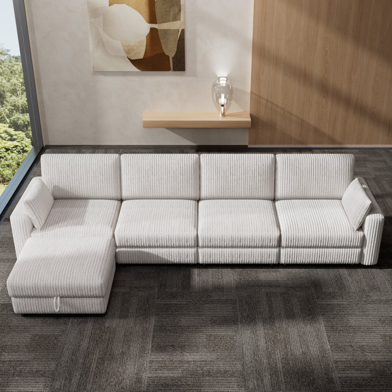 4 Seat Extra Large Modular Sectional Sofa With Luxurious Corduroy Upholstery, Modern Oversized Convertible Sectional Couch With Deep Seat Ottoman, Tool-Free Assembly