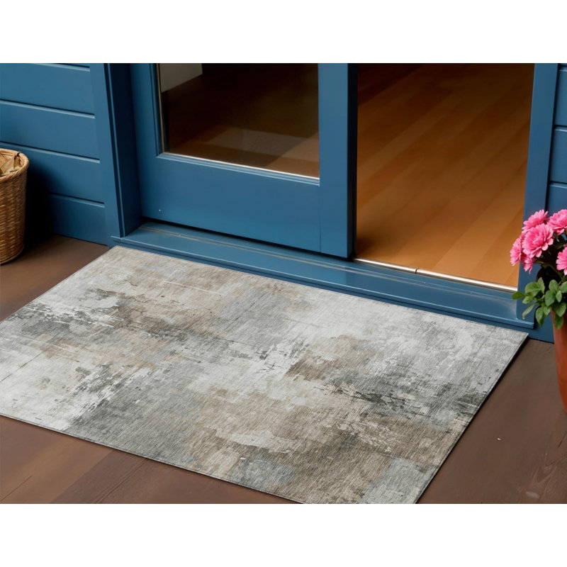 Tapis extérieur lavable abstrait gris ivoire et kaki 3 pi x 5 pi