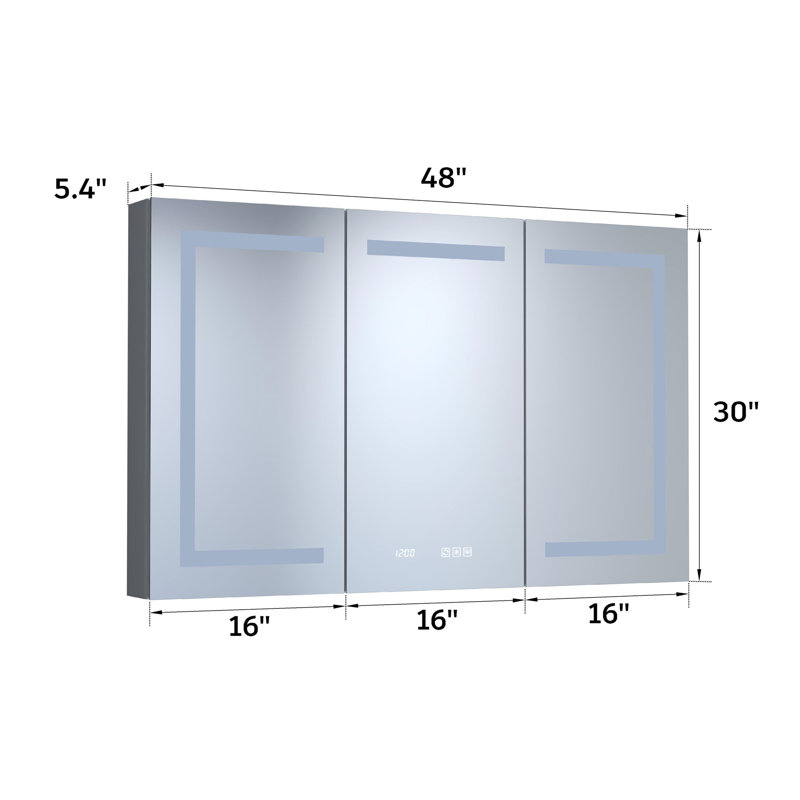 48 in. W x 30 in. H Rectangular Silver Aluminum Recessed/Surface Mount Medicine Cabinet with Mirror LED and Clock