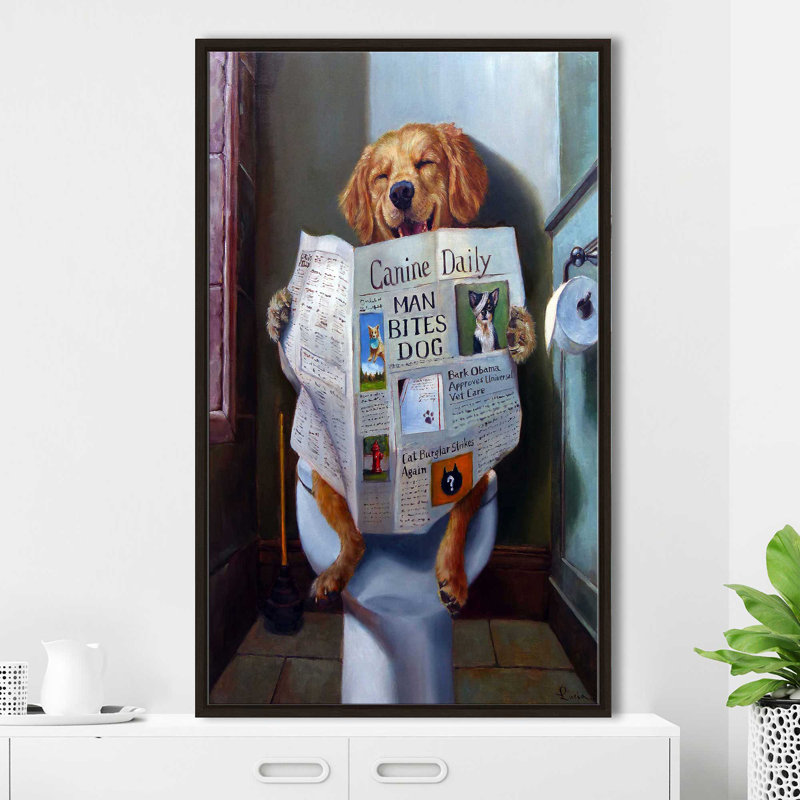 «Dog Gone Funny» par Lucia Heffernan - Peinture, Cadre flottant espresso, H 51,5 po x l 31,5 po x P 2 po