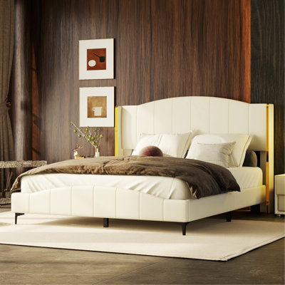 Elegant Upholstered Platform Bed, Headboard with Wingback Design -  Everly Quinn, 325FB78C35B74EFDA5AC6BE8F43D6941