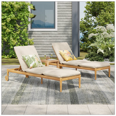 Chaise longue d'extérieur avec roulettes Riviera, structure en bois d'acacia, ensemble de 2, coussins confortables, mouvement fluide et design élégant