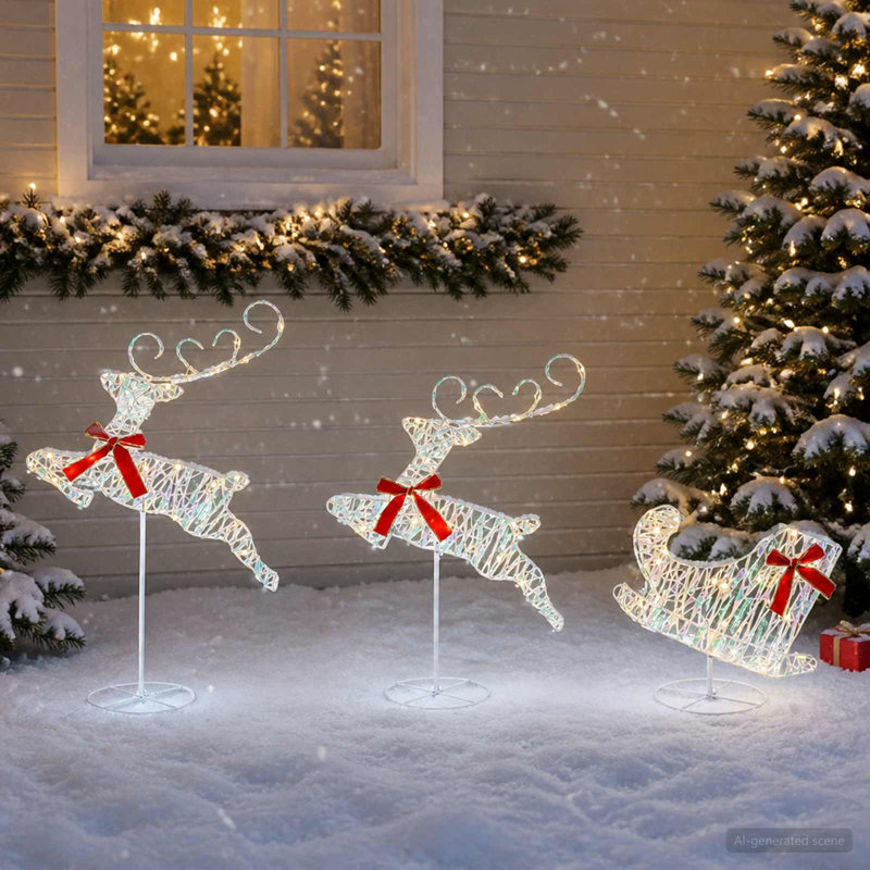Christmas Reindeer with Sleigh Lighted Reindeer and Sleigh, Iridescent PET
