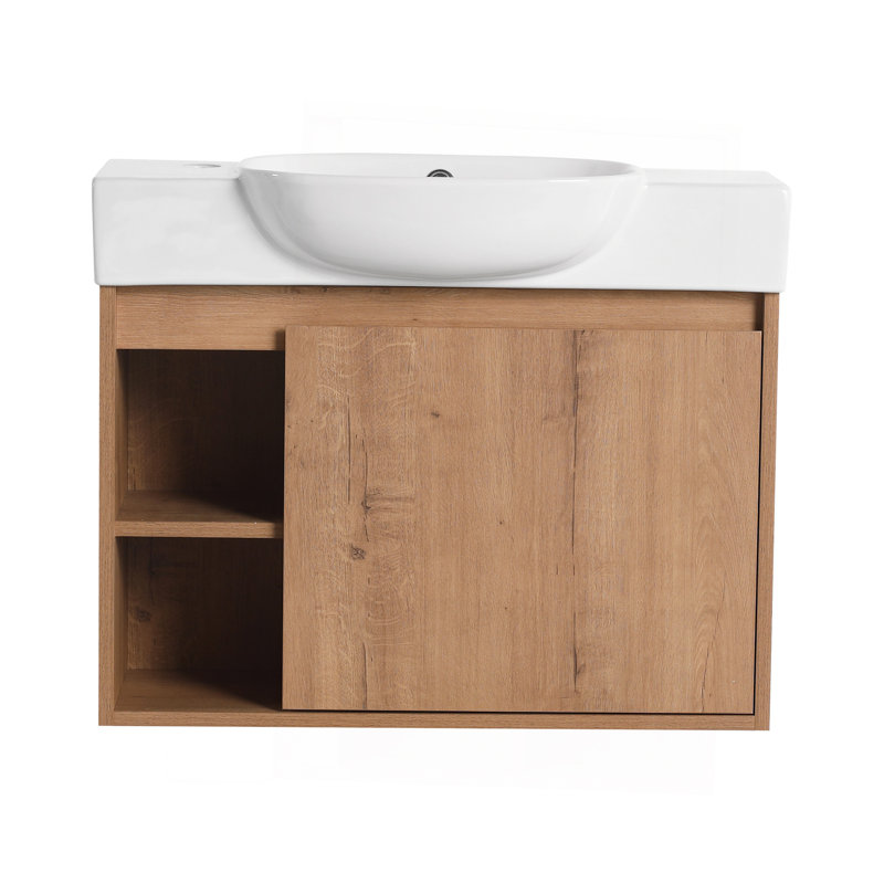 Meuble-lavabo mural de 26 po avec lavabo en céramique blanche et porte à fermeture en douceur, contreplaqué, emballage KD