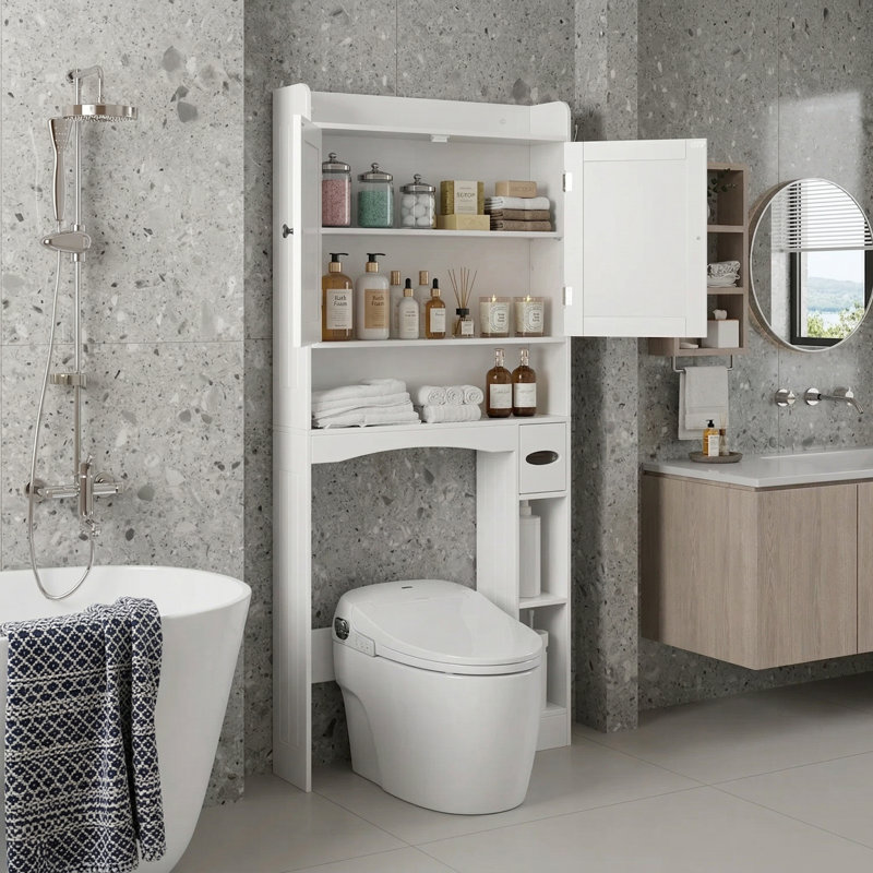 Grande armoire de rangement blanche pour toilette avec portes pour la protection contre la poussière et tablettes réglables - une solution peu encombrante pour le rangement des vêtements de salle de bain.