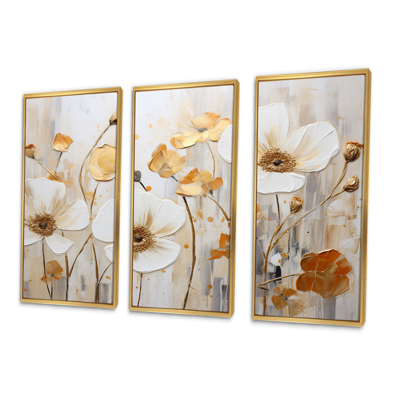 «Elegant Beige Gold Buttercups Meadow» - ensemble d'art mural Buttercups, Cadre flottant doré, H 28 po x l 36 po x P 1 po