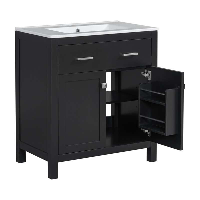Meuble-lavabo de 30 po avec lavabo en céramique, armoires noires modernes, 2 portes et tablette spacieuse pour une conception efficace