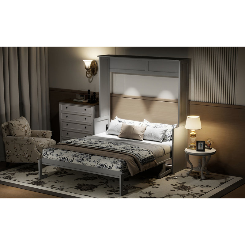 Lit grand format avec bureau, lumières à DEL, station de charge - gris, mur peu encombrant pour les petites pièces, design moderne et contreplaqué, assemblage facile