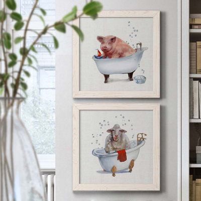 «Farm Tub Pig», ensemble de 2 peintures sur toile encadrées