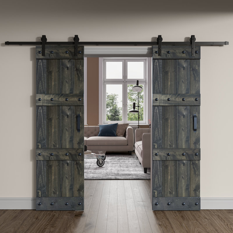 Porte de grange coulissante double en bois de pin avec trousse de quincaillerie Castle Series, Noyer foncé, 48 po x 84 po