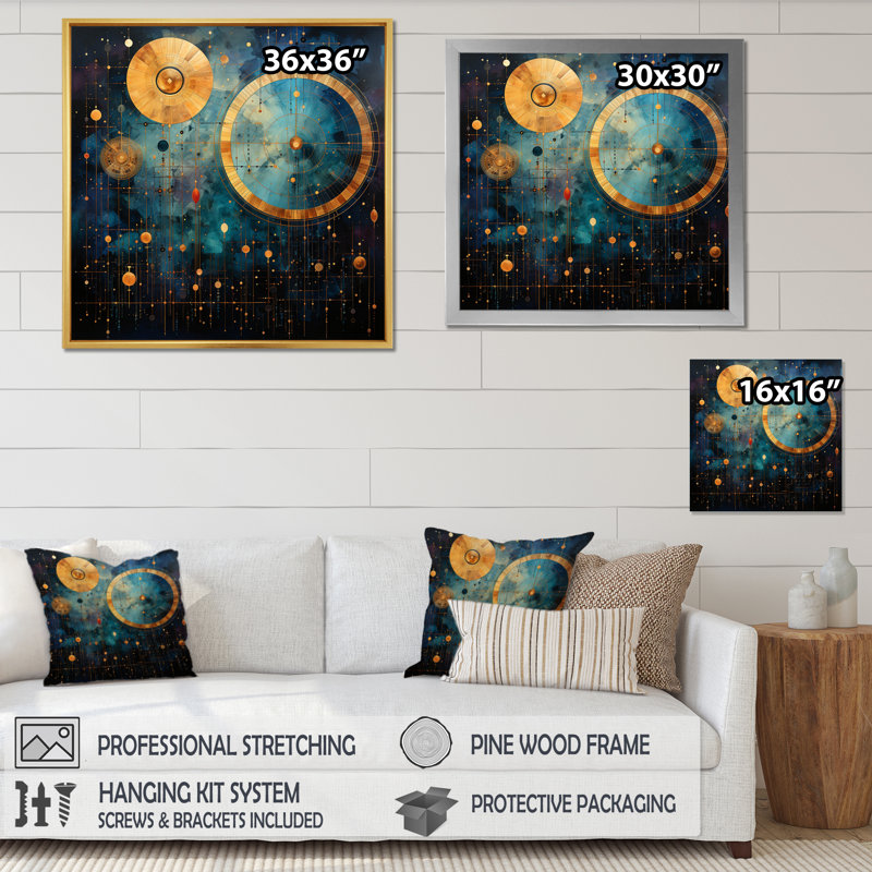 «Teal Gold Astrology Celestial Alignment» sur impression sur toile, Cadre simple argenté, H 30 po x l 30 po x P 1 po