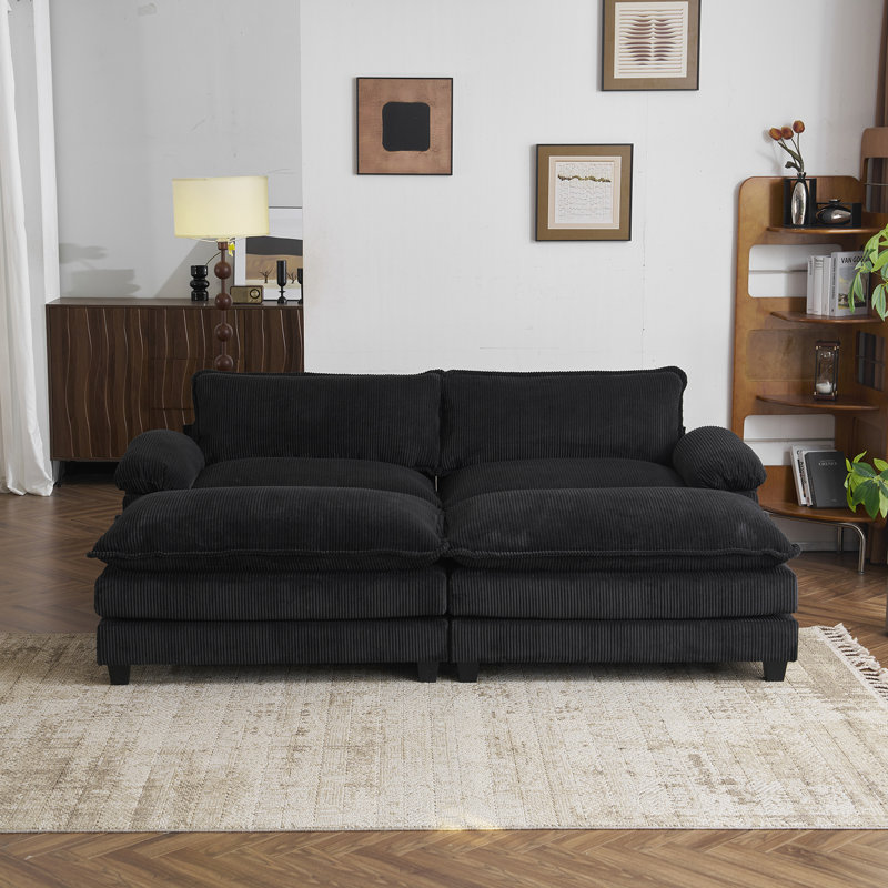 Shugar 90" W Corduroy Modular Sofa with Two Ottomans, Black