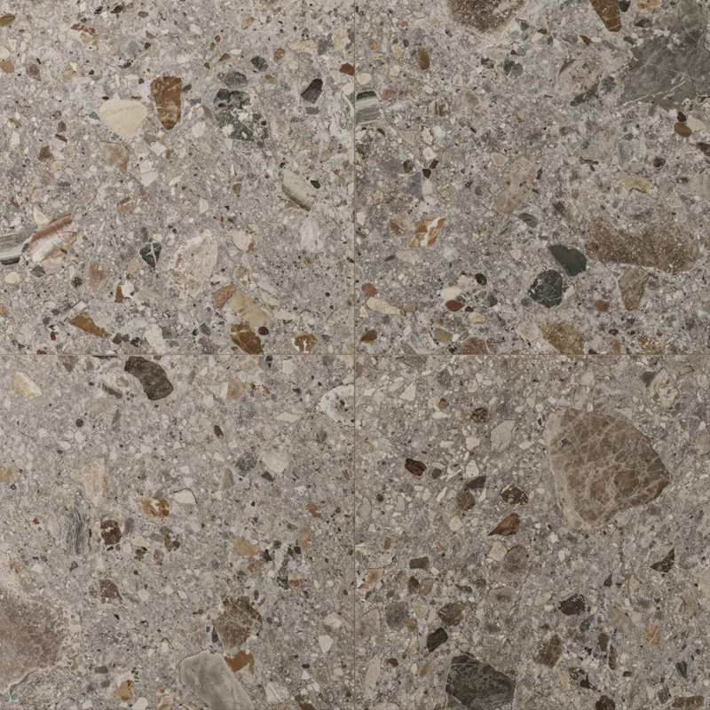 Matte porcelain floor tile in a gray terrazzo stone look with multicolored aggregate patterns.