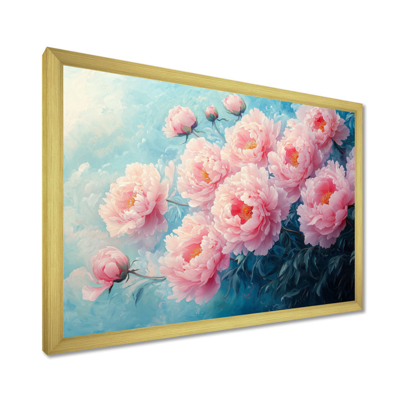 Rose, rêve de pivoines I - pivoines, art mural, H 24 po x l 32 po, Cadre doré simple