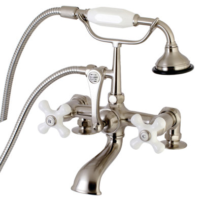 Robinet de baignoire à pattes à fixation sur plateau à trois poignées avec douche à main