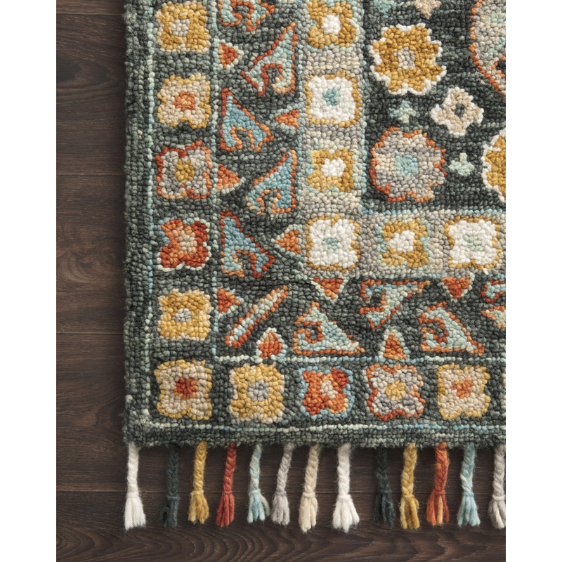 Tapis jaune / orange / carbone en laine crocheté à la main Bott, Tapis de couloir 2 pi 6 po x 7 pi 6 po
