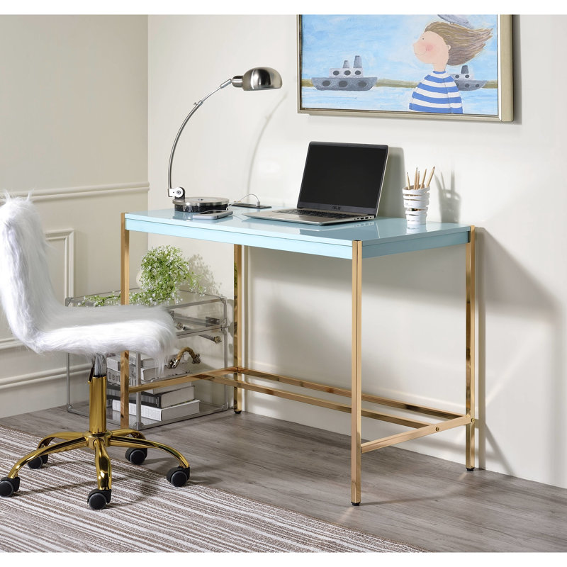 Bureau d'écriture moderne bleu et or avec ports et prises intégrées, bureau brillant pour bureau, forme rectangulaire