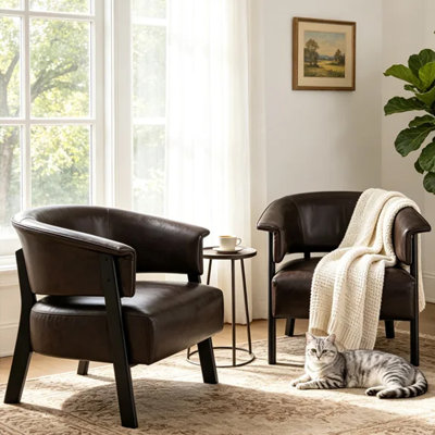 Ensemble de 2 fauteuils d'appoint en similicuir, fauteuils enveloppants rembourrés avec pieds en bois d'hévéa massif, capacité de charge de 180 kg, fauteuils de lecture modernes de style club pour salon, chambre, bureau à domicile