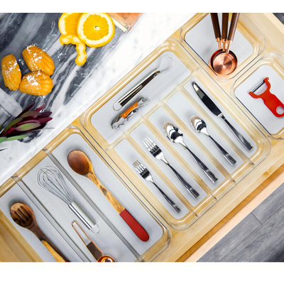 Premium Clear Silverware Tray, 6 Compartment Flatware Organizer For Forks, Knives & Spoons, Soft Grip Lining & Non Slip Base, Grey