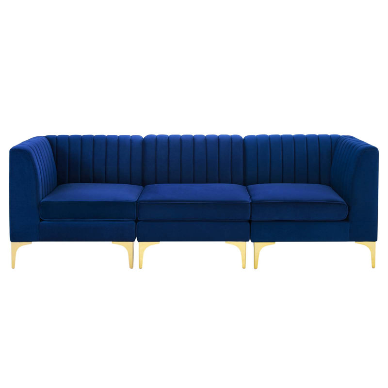 Lynn 91.5" Velvet Tuxedo Arm Modular Sofa with Reversible Cushions, Navy
